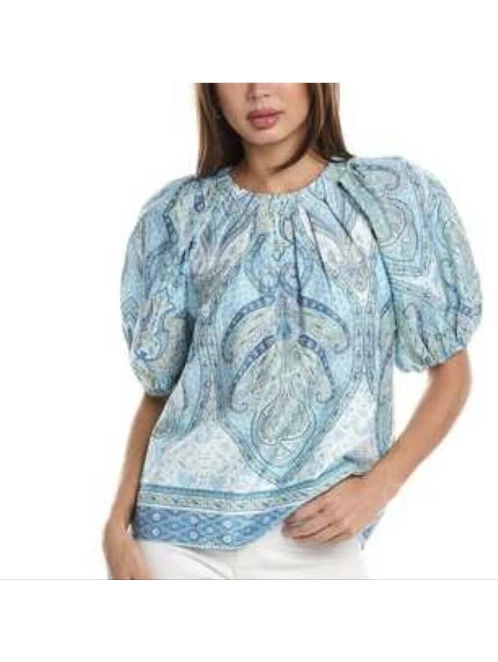 Tyler Boe EUC Women's Blue White Paisley Print Blouse w/Puff Sleeves Size L